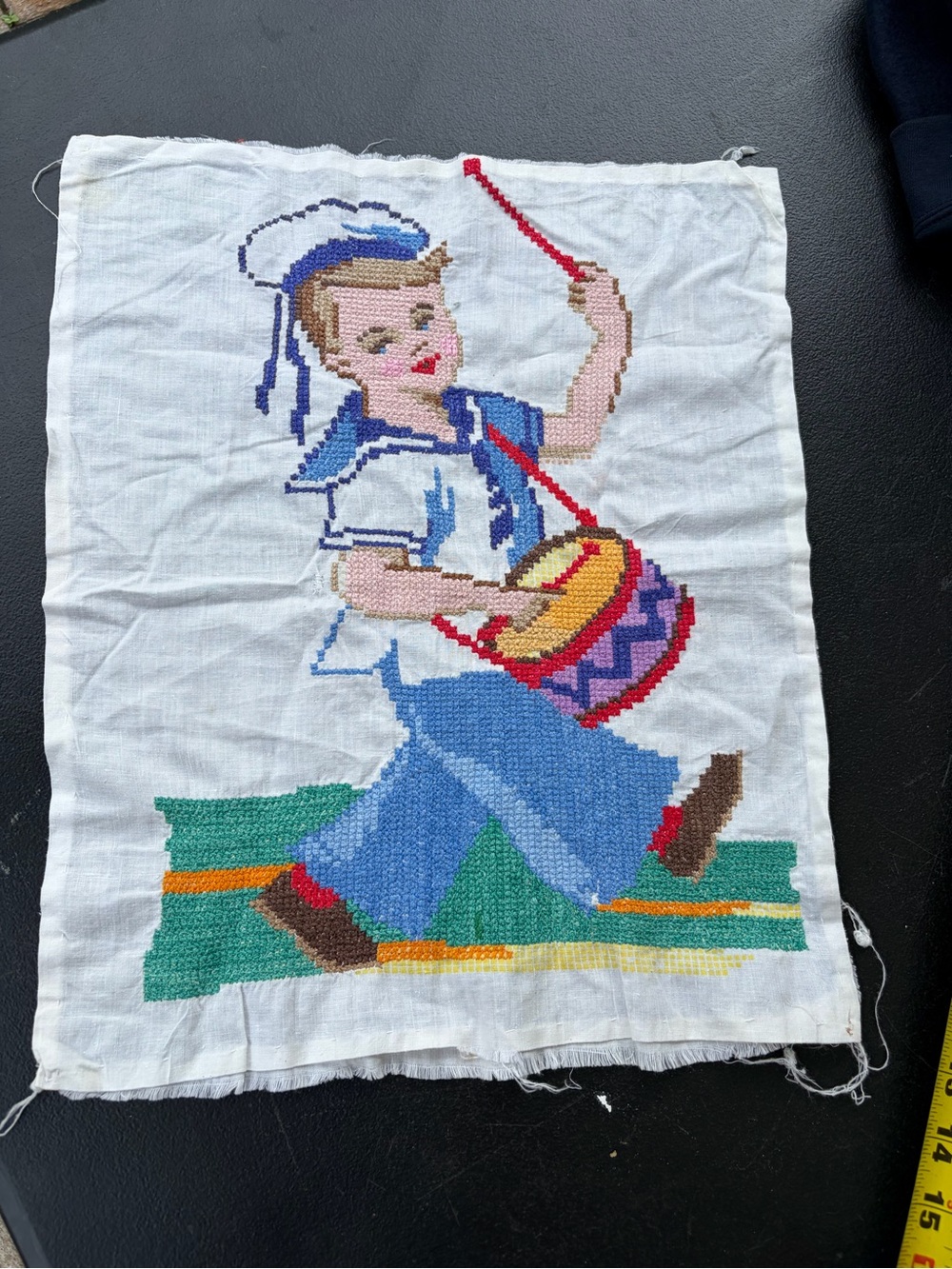 Vintage Hand-stitched Nautical Drummer Boy Cross-stitch Art - White Background